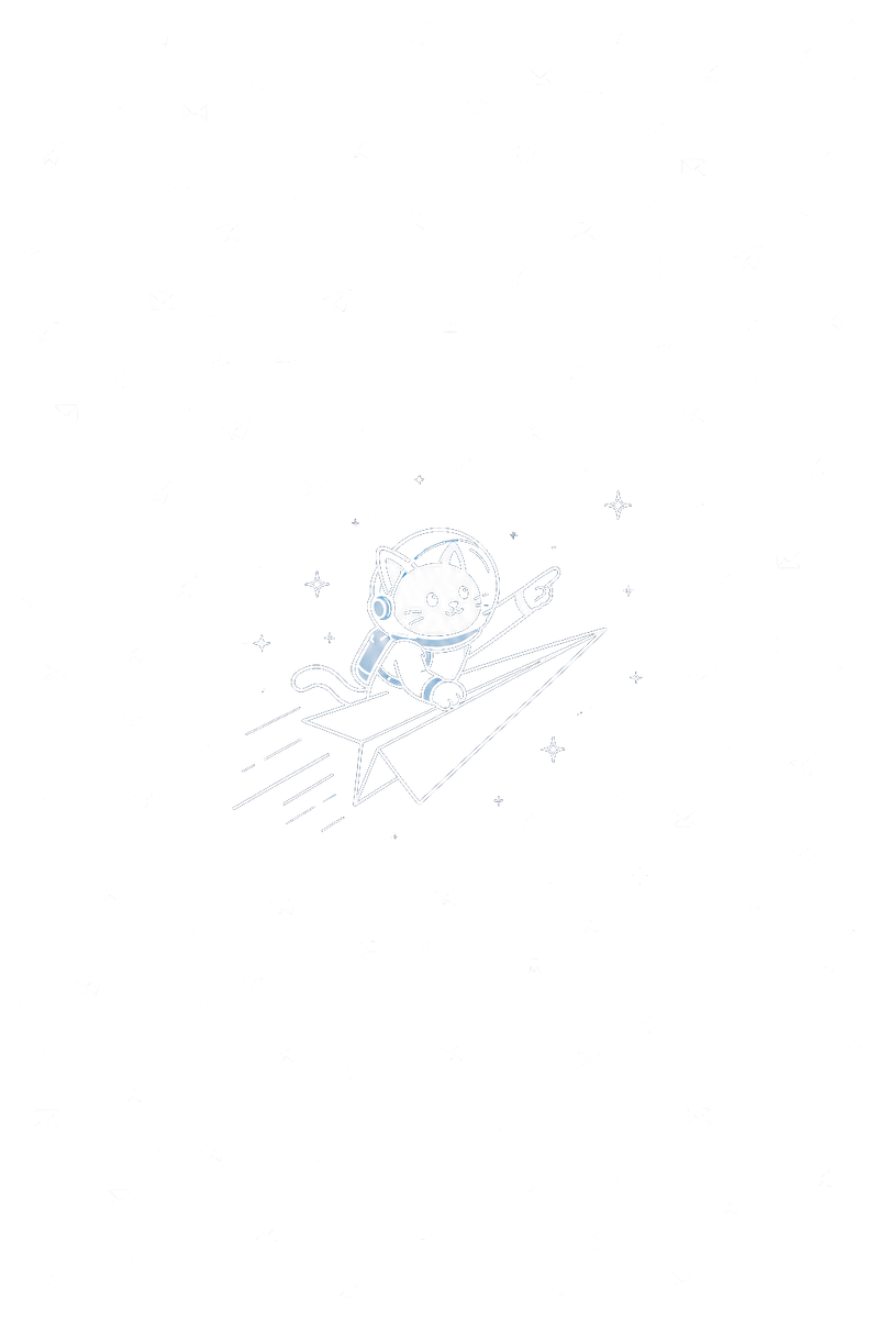 Cosmo, the OutboundOS astronaut cat, riding a paper plane